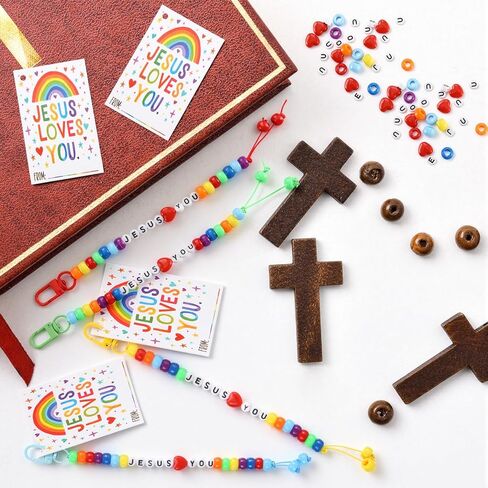 Kigeli 35 Sets Jesus Loves You Bead Keychains Craft Kit Christian Crafts Bulk DIY Rainbow Religious Bead Key Chain with Cards Letter Beads Key Ring for Christian Gifts VBS Jewelry Making in Saudi Arabia