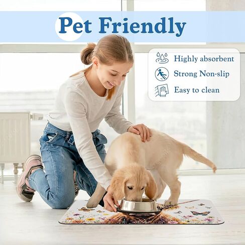 حصيرة طعام القطط البرية ذات الأعشاب البرية - مفرش ماص مقاوم للماء لأوعية الطعام والماء، ظهر مطاطي غير قابل للانزلاق، حصيرة تغذية للأرضيات النظيفة 12 بوصة × 20 بوصة in Kuwait