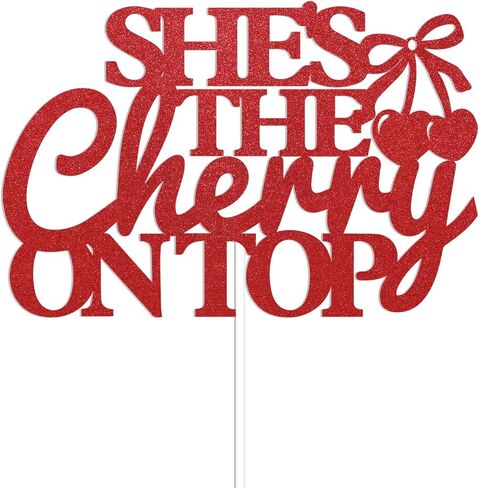 She's The Cherry on Top Cake Topper - Cherry Bachelorette Party Decorations, Coquette Fruit Bridal Shower Cake Topper for Girl Bachelorette Party Bridal Shower Supplies Red Glitter in Saudi Arabia