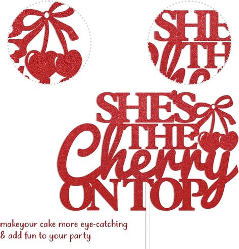 She's The Cherry on Top Cake Topper - Cherry Bachelorette Party Decorations, Coquette Fruit Bridal Shower Cake Topper for Girl Bachelorette Party Bridal Shower Supplies Red Glitter in Saudi Arabia