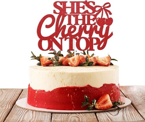 She's The Cherry on Top Cake Topper - Cherry Bachelorette Party Decorations, Coquette Fruit Bridal Shower Cake Topper for Girl Bachelorette Party Bridal Shower Supplies Red Glitter in Saudi Arabia