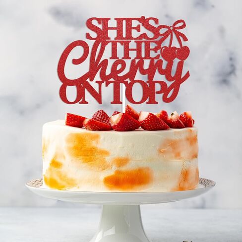 She's The Cherry on Top Cake Topper - Cherry Bachelorette Party Decorations, Coquette Fruit Bridal Shower Cake Topper for Girl Bachelorette Party Bridal Shower Supplies Red Glitter in Saudi Arabia
