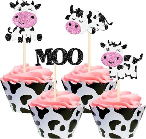 12 Pcs Glitter Cow Cupcake Toppers – Farm Animal Moo Cupcake Picks for Cow Theme Baby Shower, Gender Reveal, Kids Birthday Party Cake Decorations in Kuwait