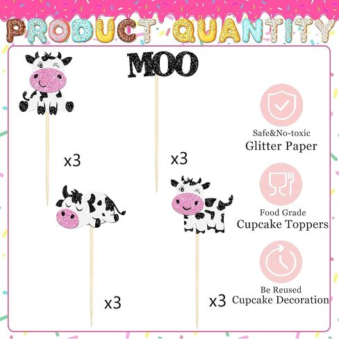12 Pcs Glitter Cow Cupcake Toppers – Farm Animal Moo Cupcake Picks for Cow Theme Baby Shower, Gender Reveal, Kids Birthday Party Cake Decorations in Kuwait