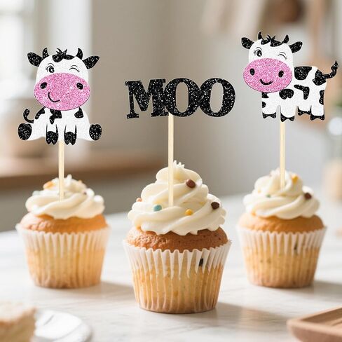 12 Pcs Glitter Cow Cupcake Toppers – Farm Animal Moo Cupcake Picks for Cow Theme Baby Shower, Gender Reveal, Kids Birthday Party Cake Decorations in Kuwait