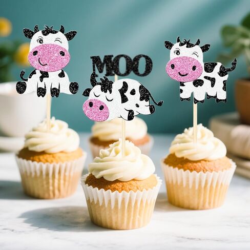 12 Pcs Glitter Cow Cupcake Toppers – Farm Animal Moo Cupcake Picks for Cow Theme Baby Shower, Gender Reveal, Kids Birthday Party Cake Decorations in Kuwait