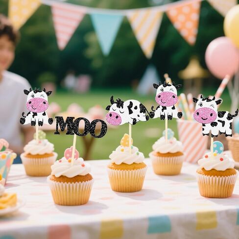 12 Pcs Glitter Cow Cupcake Toppers – Farm Animal Moo Cupcake Picks for Cow Theme Baby Shower, Gender Reveal, Kids Birthday Party Cake Decorations in Kuwait