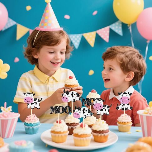 12 Pcs Glitter Cow Cupcake Toppers – Farm Animal Moo Cupcake Picks for Cow Theme Baby Shower, Gender Reveal, Kids Birthday Party Cake Decorations in Kuwait
