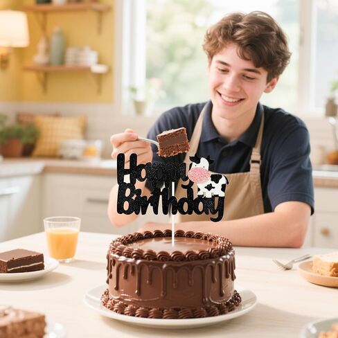 غلاف كعكة عيد ميلاد بقرة سعيد - زينة عيد ميلاد بقرة سوداء لامعة لحفلات موضوع حيوانات المزرعة، لوازم تزيين الكيك لحفلات أعياد الميلاد in Saudi Arabia