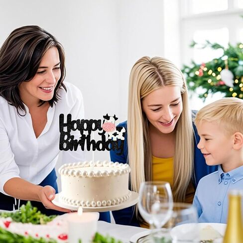 غلاف كعكة عيد ميلاد بقرة سعيد - زينة عيد ميلاد بقرة سوداء لامعة لحفلات موضوع حيوانات المزرعة، لوازم تزيين الكيك لحفلات أعياد الميلاد in Saudi Arabia