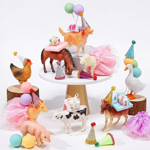 Weysat 41 Pcs Farm Animal Birthday Party Decorations Mini Birthday Hat with Pom Poms Figure Model Cake Toppers with Mini Skirt Hat Gift Boxes(Farm) in Saudi Arabia