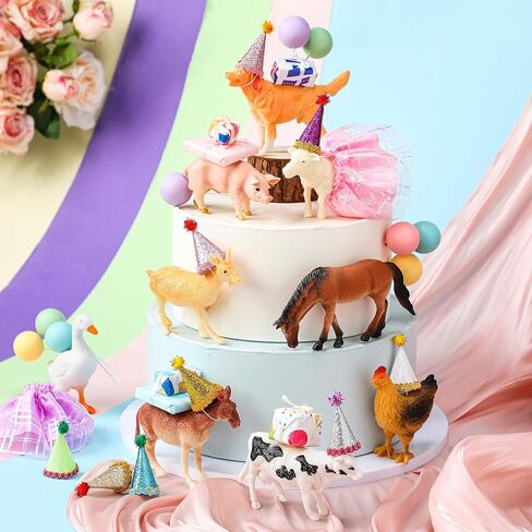 Weysat 41 Pcs Farm Animal Birthday Party Decorations Mini Birthday Hat with Pom Poms Figure Model Cake Toppers with Mini Skirt Hat Gift Boxes(Farm) in Saudi Arabia