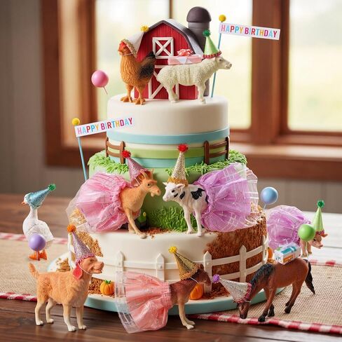 Weysat 41 Pcs Farm Animal Birthday Party Decorations Mini Birthday Hat with Pom Poms Figure Model Cake Toppers with Mini Skirt Hat Gift Boxes(Farm) in Saudi Arabia
