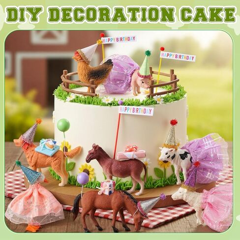 Weysat 41 Pcs Farm Animal Birthday Party Decorations Mini Birthday Hat with Pom Poms Figure Model Cake Toppers with Mini Skirt Hat Gift Boxes(Farm) in Saudi Arabia