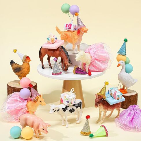 Weysat 41 Pcs Farm Animal Birthday Party Decorations Mini Birthday Hat with Pom Poms Figure Model Cake Toppers with Mini Skirt Hat Gift Boxes(Farm) in Saudi Arabia