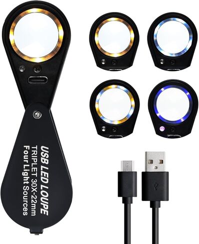 عدسة مكبرة للمجوهرات 30X مع مصابيح LED وأشعة فوق البنفسجية مع أربعة أوضاع إضاءة، عدسة مكبرة مجوهرات قابلة للطي للجيب مقاس 22 مم للمجوهرات والصخور والعملات المعدنية (أسود) in Kuwait