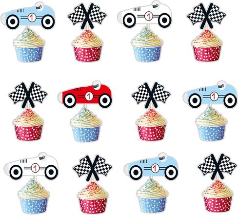 48 PCS Race Car 1st Birthday Cake Topper Cupcake Toppers, Fast One Birthday Decorations for Boys，Racing Cake Decorations for Vintage Fast One Retro Race Car Let's Go Racing Party in Kuwait