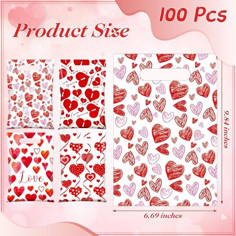 Pajean 100 Pcs Valentines Gift Bags Bulk Valentine's Day Treat Candy Goodie Bags Red Pink Heart Plastic Pouches with Handles Resealable Party Favor Stuffed for Classroom Holiday Birthday Supplies in Saudi Arabia