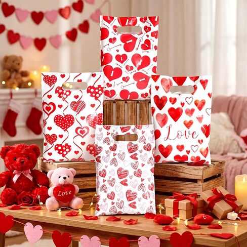 Pajean 100 Pcs Valentines Gift Bags Bulk Valentine's Day Treat Candy Goodie Bags Red Pink Heart Plastic Pouches with Handles Resealable Party Favor Stuffed for Classroom Holiday Birthday Supplies in Saudi Arabia