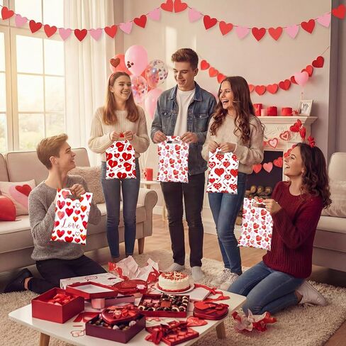 Pajean 100 Pcs Valentines Gift Bags Bulk Valentine's Day Treat Candy Goodie Bags Red Pink Heart Plastic Pouches with Handles Resealable Party Favor Stuffed for Classroom Holiday Birthday Supplies in Saudi Arabia
