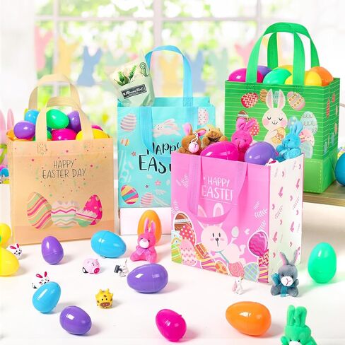 YANGTE Easter Gift Bags Bulk 16 Pack Reusable Party Bags with Handles, Colorful Egg Hunt Baskets for Kids, Bunny Treat Bag, Durable Easter Favor Basket for Candy & Gifts in Saudi Arabia