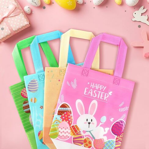 YANGTE Easter Gift Bags Bulk 16 Pack Reusable Party Bags with Handles, Colorful Egg Hunt Baskets for Kids, Bunny Treat Bag, Durable Easter Favor Basket for Candy & Gifts in Saudi Arabia