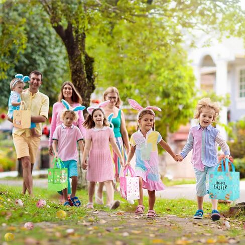 YANGTE Easter Gift Bags Bulk 16 Pack Reusable Party Bags with Handles, Colorful Egg Hunt Baskets for Kids, Bunny Treat Bag, Durable Easter Favor Basket for Candy & Gifts in Saudi Arabia