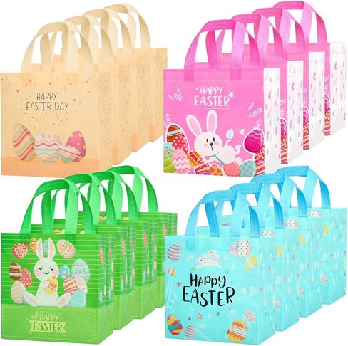 YANGTE Easter Gift Bags Bulk 16 Pack Reusable Party Bags with Handles, Colorful Egg Hunt Baskets for Kids, Bunny Treat Bag, Durable Easter Favor Basket for Candy & Gifts in Saudi Arabia