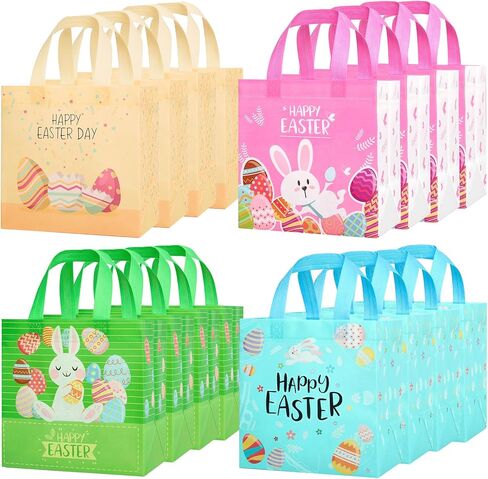YANGTE Easter Gift Bags Bulk 16 Pack Reusable Party Bags with Handles, Colorful Egg Hunt Baskets for Kids, Bunny Treat Bag, Durable Easter Favor Basket for Candy & Gifts in Saudi Arabia