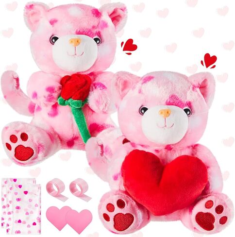 Shappy 2 Sets Large Valentine Stuffed Animals for Kids Valentines Day Plush Toys with Heart and Rose,Cute Soft Stuffed Animal Toys Classroom Supplies Exchange Gifts(Cat) in Saudi Arabia