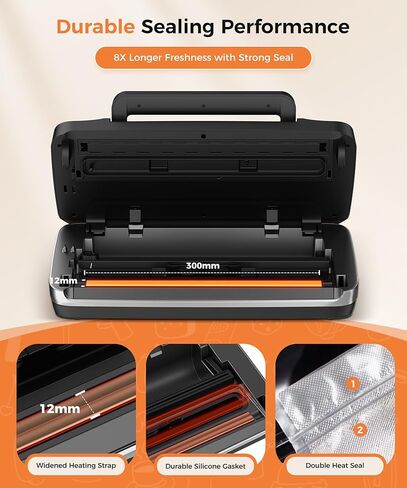 ماكينة سد الفراغات بقوة 95 كيلو باسكال، سدادة طعام أوتوماتيكية تجارية كاملة، نظام إغلاق قوي مع ختم حراري مزدوج، تخزين الحقائب، مقبض سهل القفل، قطاعة مدمجة، 1 لفات حقيبة و10 أكياس مسبقة القطع (فضية) in Kuwait