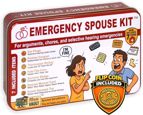 Funny Emergency Spouse Couple Kit Includes Squishy Toy, Coupon Game, Flip Coin, Stickers, Jokes, Badge, Earfoam. Ultimate Marriage Novelty Gag Gift for Friends and Family in Saudi Arabia
