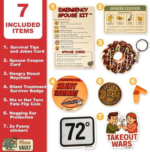 Funny Emergency Spouse Couple Kit Includes Squishy Toy, Coupon Game, Flip Coin, Stickers, Jokes, Badge, Earfoam. Ultimate Marriage Novelty Gag Gift for Friends and Family in Saudi Arabia