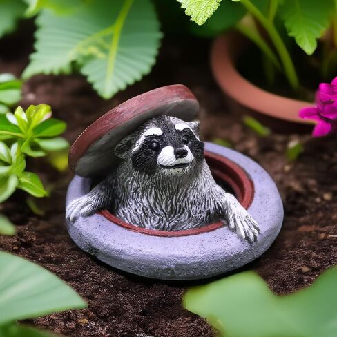 Whimsical Peeking Raccoon Figurine: Resin Mini Racoon in Manhole Cover for Fairy Garden, Craft Display, Desktop & Collectible Scenes in Saudi Arabia