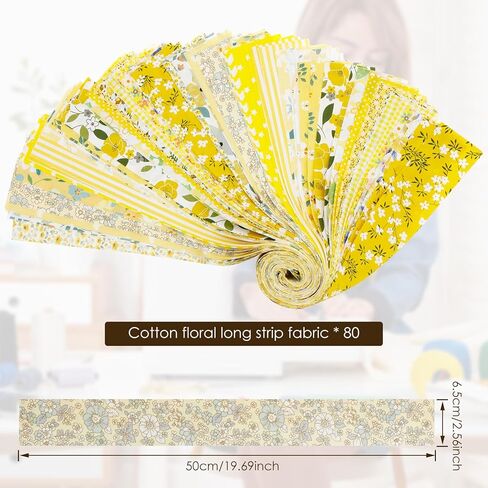 Jelly Roll Fabric, 80 Pre-Cut Strips (2.5 x 20 Inch) Fabric for Quilting and Sewing, 20 Assorted Floral Prints, 100% Cotton, Plain Weave Cotton Strips for Quilting and Patchwork Craft (Yellow) in Saudi Arabia