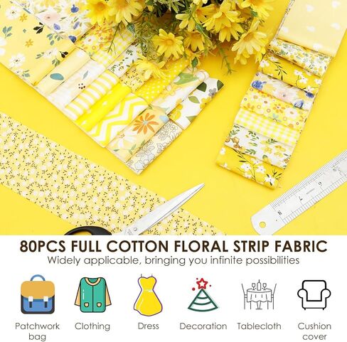 Jelly Roll Fabric, 80 Pre-Cut Strips (2.5 x 20 Inch) Fabric for Quilting and Sewing, 20 Assorted Floral Prints, 100% Cotton, Plain Weave Cotton Strips for Quilting and Patchwork Craft (Yellow) in Saudi Arabia