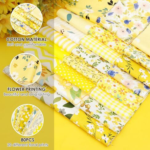 Jelly Roll Fabric, 80 Pre-Cut Strips (2.5 x 20 Inch) Fabric for Quilting and Sewing, 20 Assorted Floral Prints, 100% Cotton, Plain Weave Cotton Strips for Quilting and Patchwork Craft (Yellow) in Saudi Arabia