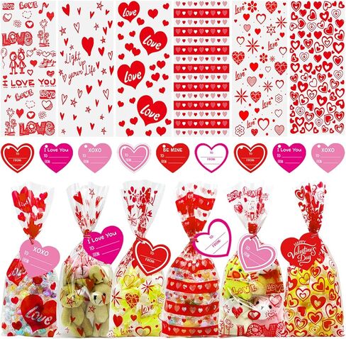 120 Pieces Valentines Day Cellophane Treat Bags Valentines Candy Bags, 6 Assorted Styles Valentine Treat Bags with Cards Ties for Valentine's Day Party Favor Supplies in Saudi Arabia