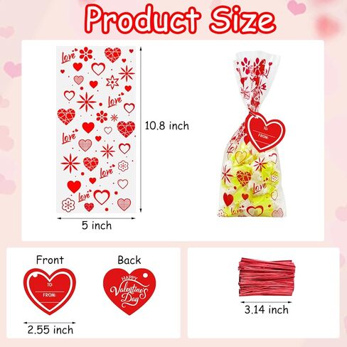 120 Pieces Valentines Day Cellophane Treat Bags Valentines Candy Bags, 6 Assorted Styles Valentine Treat Bags with Cards Ties for Valentine's Day Party Favor Supplies in Saudi Arabia