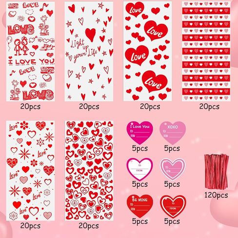 120 Pieces Valentines Day Cellophane Treat Bags Valentines Candy Bags, 6 Assorted Styles Valentine Treat Bags with Cards Ties for Valentine's Day Party Favor Supplies in Saudi Arabia