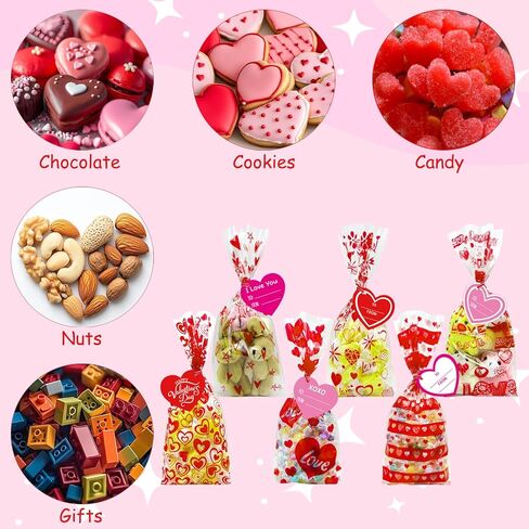 120 Pieces Valentines Day Cellophane Treat Bags Valentines Candy Bags, 6 Assorted Styles Valentine Treat Bags with Cards Ties for Valentine's Day Party Favor Supplies in Saudi Arabia