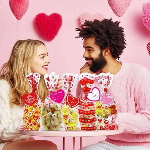 120 Pieces Valentines Day Cellophane Treat Bags Valentines Candy Bags, 6 Assorted Styles Valentine Treat Bags with Cards Ties for Valentine's Day Party Favor Supplies in Saudi Arabia