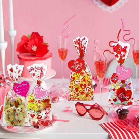 120 Pieces Valentines Day Cellophane Treat Bags Valentines Candy Bags, 6 Assorted Styles Valentine Treat Bags with Cards Ties for Valentine's Day Party Favor Supplies in Saudi Arabia