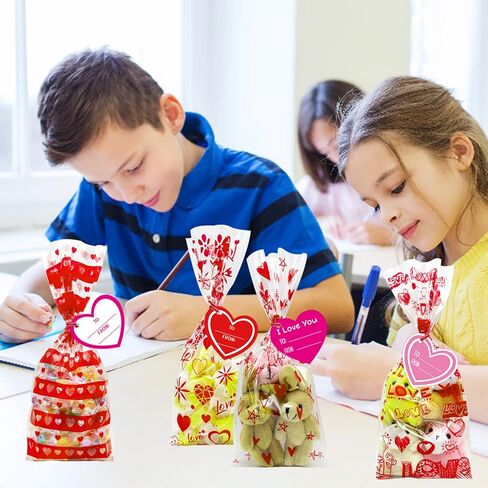 120 Pieces Valentines Day Cellophane Treat Bags Valentines Candy Bags, 6 Assorted Styles Valentine Treat Bags with Cards Ties for Valentine's Day Party Favor Supplies in Saudi Arabia