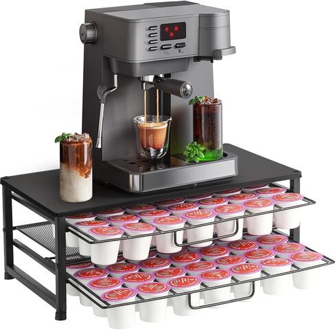 K Cup Holder Organizer for 70 Pods, 2-Tier Coffee Pod Holder for K-Cup with 2 Sliding Storage Drawers, Coffee Station Bar Organizer for Kitchen Countertop, Home & Office, Frosted Black in Kuwait
