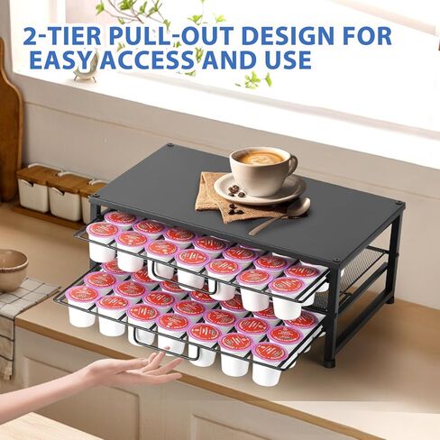 K Cup Holder Organizer for 70 Pods, 2-Tier Coffee Pod Holder for K-Cup with 2 Sliding Storage Drawers, Coffee Station Bar Organizer for Kitchen Countertop, Home & Office, Frosted Black in Kuwait