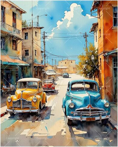 Vintage Cars Street View Paint by Numbers Kit for Adults - DIY Colorful Classic Cars Painting on Canvas 16x20 Inches, Acrylic Paint Set, Suitable for Beginners, Urban Art for Home Decoration or Gifts in Saudi Arabia