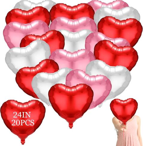 20 Pcs 24 in Heart Shape Foil Balloons for Valentine‘s Day Decorations Heart Love Balloons for Wedding Engagement Birthday Baby Shower Party Romantic Decorations(Pink, Red, White) in Saudi Arabia