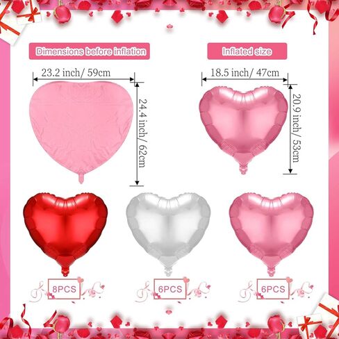 20 Pcs 24 in Heart Shape Foil Balloons for Valentine‘s Day Decorations Heart Love Balloons for Wedding Engagement Birthday Baby Shower Party Romantic Decorations(Pink, Red, White) in Saudi Arabia