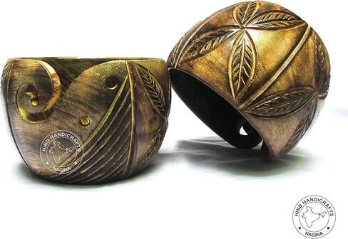 Hind Handicrafts Premium Solid Dark Handmade Crafted Wooden Portable Antique Yarn Storage Bowl - Holder for Knitting Crochet Hook Accessories (6" x 6" x 4", Torched Leaf) in Saudi Arabia